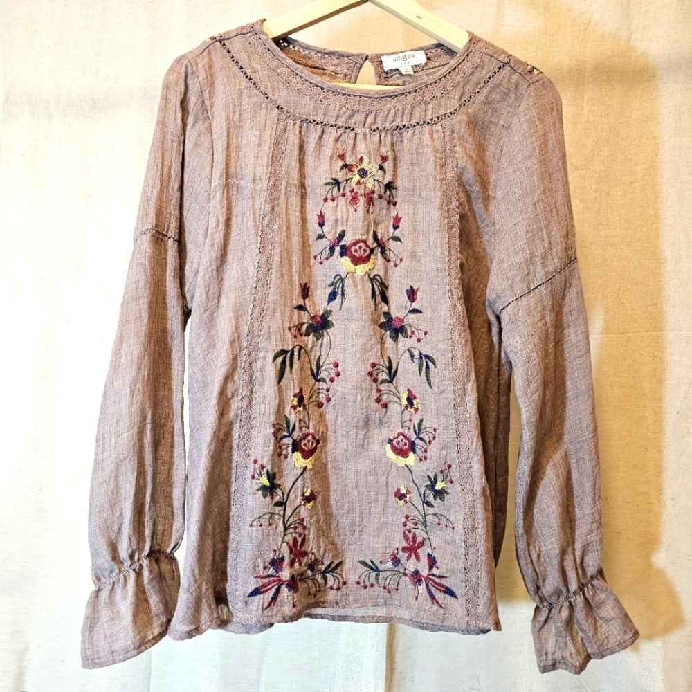Umgee Embroidered Peasant Top Mocha Almost sheer lightweight Small